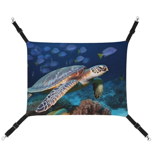 DWVSFJM Meeresschildkröte mit Fischen, Katzenhängematte, Haustierkäfig-Hängematte, weiches Haustier-Hängebett mit verstellbaren Gurten und Metallhaken-Muster, warme hängende Haustiermatten für Katzen, von DWVSFJM
