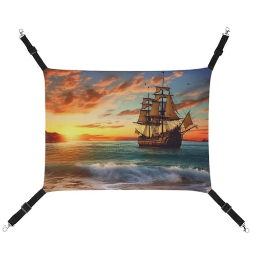 DWVSFJM Piratenschiff im Sonnenuntergang Katzenhängematte Haustierkäfig Hängematte weiches Haustier-Hängebett mit verstellbaren Riemen und Metallhaken Muster warme hängende Haustiermatten für Katzen von DWVSFJM