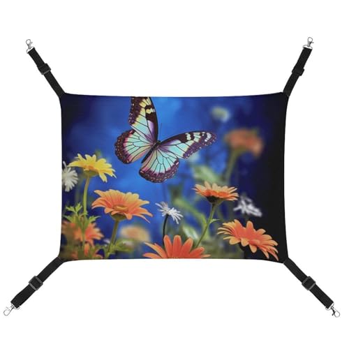 DWVSFJM Schmetterlings- und Blumen-Katzenhängematte für Haustiere, Käfig-Hängematte, weiches Haustier-Hängebett mit verstellbaren Gurten und Metallhaken-Muster, warme hängende Haustiermatten für von DWVSFJM