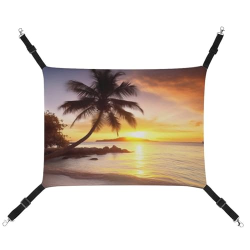 DWVSFJM Sunrise Tropische Palmeninsel Katzenhängematte Haustierkäfig-Hängematte weiches Haustier-Hängebett mit verstellbaren Riemen und Metallhaken-Muster, warme hängende Haustiermatten für Katzen, von DWVSFJM