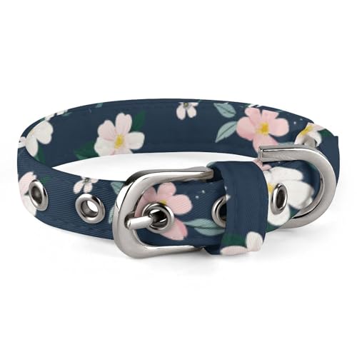 Hundehalsband mit Blumenmotiv, mit Metallschnalle, handgefertigt, Traktion, Schutzhülle für kleine, mittelgroße Hunde, Katzen und Haustiere, Marineblau von DWVSFJM
