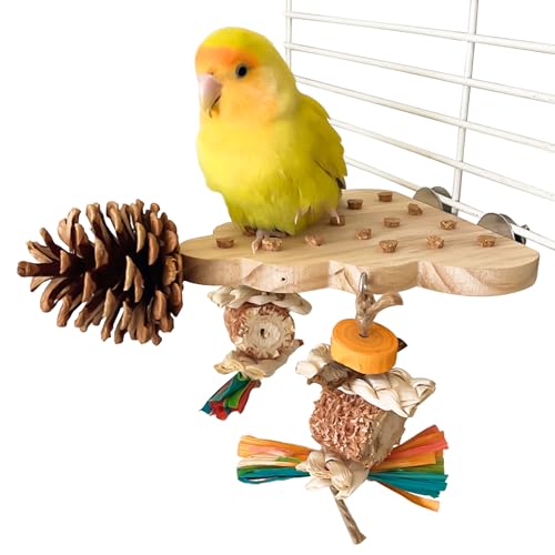 DXQCHDUO Papageien-Plattform-Spielzeug, hölzerne Vogelkletter-Plaftform mit Kauspielzeug, Maisstab, Tannenzapfen, Papageien-Spielzeug, Vogelkäfig-Zubehör für kleine und mittelgroße Papageien von DXQCHDUO