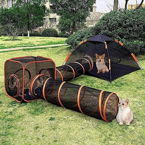 Outdoor Katzenzelt – 6-in-1 Pop-Up-Laufstall für Haustiere mit Tunnel | Tragbares Klappgehege für Kätzchen, Welpen | Idealer Lebensraum Laufgitter für Katzen von DXYQXL