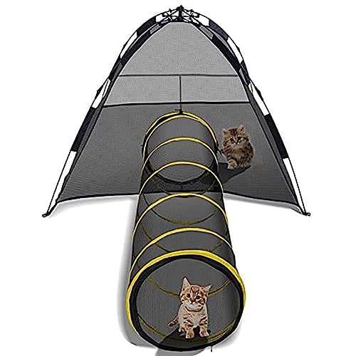 Tragbares Katzenzelt mit Tunnel - 2 in 1 Outdoor Pop Up Faltbare Haustiergehege, Laufstall Visuelles Mesh Haus für Katze Welpen Kaninchen - Inklusive Tragetasche von DXYQXL