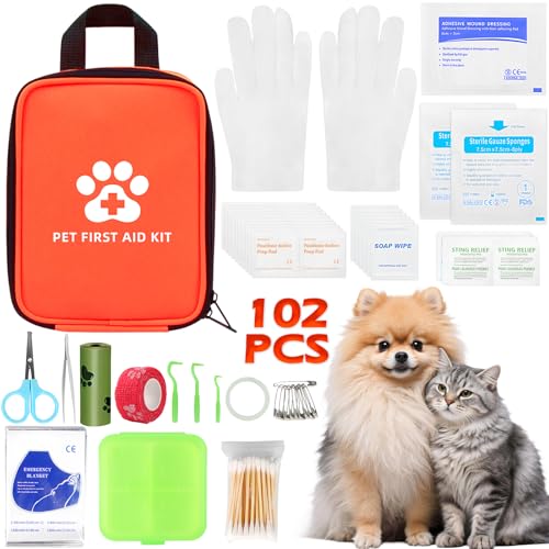 DXiongW Erste Hilfe Set für Hund und Katze 102 Teilen Erste Hilfe für Haustiere mit Zeckenhaken Pinzette und mehr Klein Hundeapotheke für Notfälle zu Hause und im Freien Hunde Wandern Zubehör von DXiongW