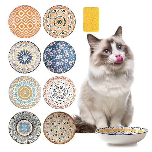 Keramik-Katzen-Futternapf-Set, 14 cm, Keramik-Katzennapf mit Schwammbürste, breite, flache Futternäpfe für Katzen, Boho-Stil, mikrowellen- und spülmaschinenfest, Katzengeschenk, 8-teilig Keramik-Katzen-Futternapf-Set, 14 cm, Keramik-Katzennapf mit Schwammbürste, breite, flache Futternäpfe für Katzen, Boho-Stil, mikrowellen- und spülmaschinenfest, Katzengeschenk, 8-teilig von DYUEE