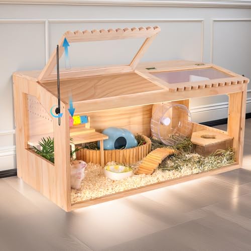 Hamsterkäfig aus Holz, 81,3 x 40,6 cm, Meerschweinchenkäfig, Kleintierkäfig für syrische Zwerghamster, Degus-Mäuse und andere kleine Haustiere, Großer Hamsterkäfig mit 2 verstellbaren Dachfenstern von DZWLKJ