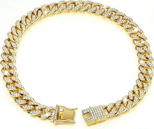 DaBingDian Luxus Gold Katze Halskette Schmuck Strass Haustier Kubanische Kette Halsband Kätzchen Hündchen Hochzeit Abschlussball Kostüm Zubehör für Katzen Welpen von DaBingDian