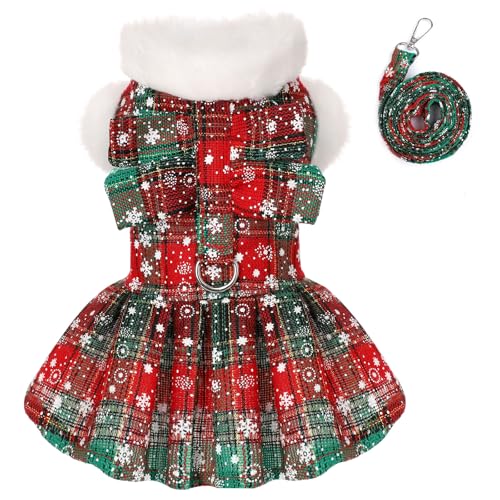 Weihnachtspulloverkleid für Hunde mit Leine, Set für kleine Hunde, Mädchen, Hundekleidung, kariert, niedliche Schleife, Hundebekleidung, Katze, Urlaub, Weihnachtsparty-Kostüm (XXS, Grün) von DaFuEn