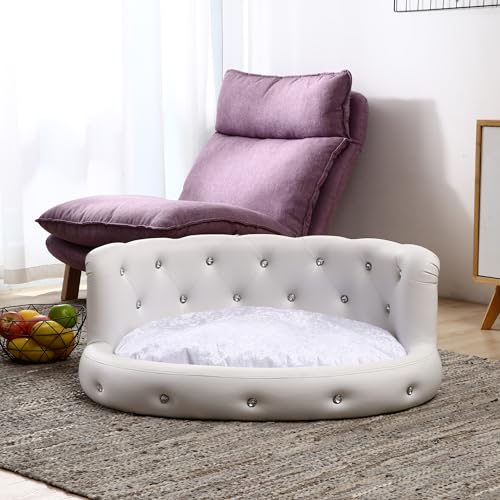 DaMi Luxus Hundebett I Premium Hundeschlafplatz mit großen Strasssteinen, Hundekissen Hundematratze Dogbed waschbar, Hundezubehör Hunde Dog Bed Bett Matratze Körbchen, 35x73x63 cm Oval Weiß von DaMi