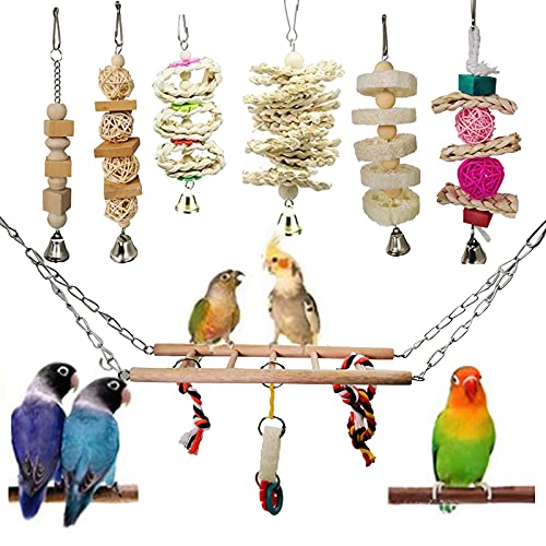 DaMohony 7 Packungen Vogel-Papageien-Spielzeug-Set, Naturholz, Kauspielzeug, Vogelkäfig, Spielzeug, hängende Schaukel, Hängematte, Kletterleitern, Spielzeug von DaMohony
