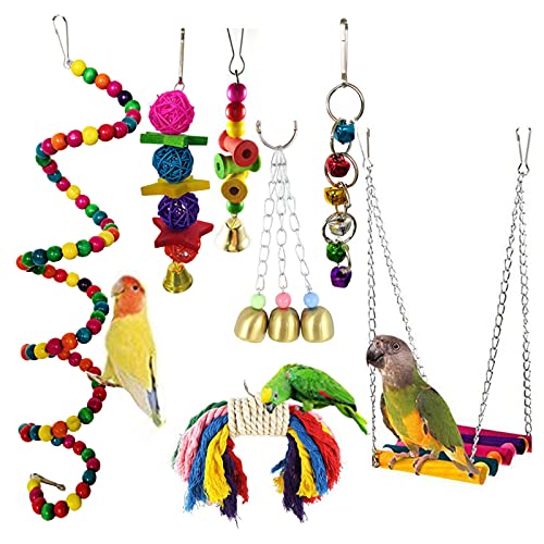 DaMohony Kauspielzeug für Papageien, intelligentes, interaktives Spielzeug mit Schaukelglocken, Schnur, Vogelkäfig, 7 Stück von DaMohony