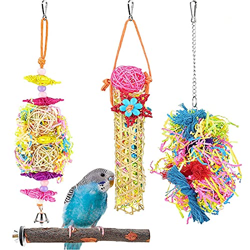 Vogelfutterspielzeug für Papageien, bunter Kauspielzeug, Vogelkäfig, hängende Dekoration mit Glocken, Holzständer für Papageien, kleine und mittelgroße Vögel, 4 Stück von DaMohony