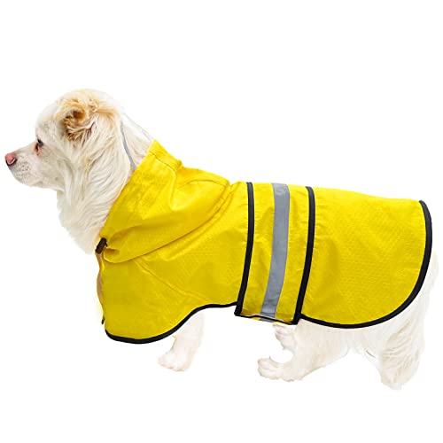 Hunde-Regenmantel, wasserdicht, reflektierend, leicht, atmungsaktiv, mit Kapuze, Regenmantel, Jacke mit verstellbarem Bauchgurt und Leinenloch für kleine, mittelgroße und große Hunde (klein, gelb) von Dadanfly