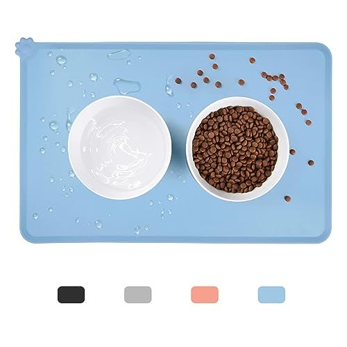 Wasserdichte Futtermatte aus Silikon, rutschfeste Futtermatte für Haustiere, verhindert Überlaufen von Futter und Wasser mit Lippe (48,3 x 30,5 cm, Hellblau) von Dahaiwua