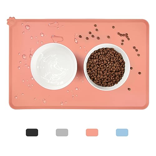 Wasserdichte Silikonmatte für Katzenfutter, rutschfeste Haustierfuttermatte, verhindert Überlaufen von Futter und Wasser mit Lippe (48,3 x 30,5 cm, Rosa) von Dahaiwua