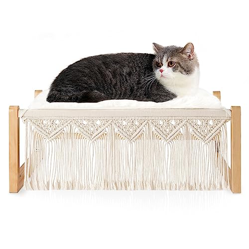 Dahey Boho Katzenbett mit Decke Holz Katzenhängematte Bett für Innen, Makramee Erhöhte Haustierbetten Atmungsaktiv Katzenmöbel Haustier Ruhe Hängematte Katzenstuhl Geschenk für Katzen und kleine Hunde von Dahey