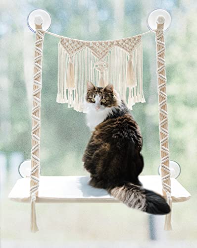 Dahey Katzen-Fensterstange, Makramee-Katzen-Hängematte, Boho-Wandmontage, Haustier-Ruhesitz, Bett für Indoor-Katzen, platzsparend, Katze, sonnige Schaukel, Regal am Fenster, Sicherheit, hält bis zu von Dahey