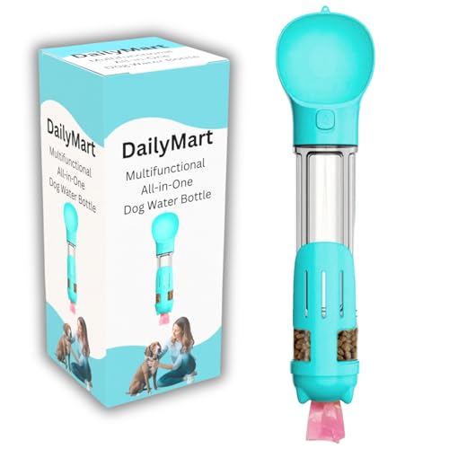 DailyMart Hund Wasserspender Tragbare Flasche, mit Futterbehälter, Kotbeutelhalter, Schaufel, Trageband, Welpe Reise Wassernapf All in One Multifunktional (Blau - Türkis, 500ml) von DailyMart