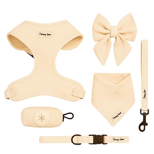 Daizzy Gear Großes Hundegeschirr Set - No Pull Geschirr mit passender Leine, Halsband, Bandana, Matrosenschleife & Kotbeutelhalter - Pastellcreme mit Herzstickerei - Verstellbares, weiches Daizzy Gear Großes Hundegeschirr Set - No Pull Geschirr mit passender Leine, Halsband, Bandana, Matrosenschleife & Kotbeutelhalter - Pastellcreme mit Herzstickerei - Verstellbares, weiches von Daizzy Gear