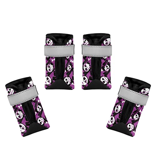 Dajingkj Violette Hundeschuhe, atmungsaktiv, Halloween-Totenkopf, Hundeschuhe mit reflektierendem Streifen, rutschfest, wasserdichte Sohle, Hundeschuhe für kleine, mittelgroße und große Hunde, Welpen, Pfotenschutz zum Wandern, 4 Stück von Dajingkj