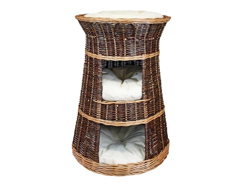 Katzenkorb zum Schlafen – Katzenhütte Indoor – Größe: 43 x 49 x 70 cm rund – Katzenhöhle aus Weide – Dreistufiges Bett für Hunde oder Katzen mit waschbaren Kissen in Ecru – Lackierter Korb von Damian-Wiklina