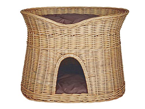 Damian-Wiklina Katzenkorb zum Schlafen – Katzenhütte Indoor – Größe L: 60 cm oval – Katzenhöhle aus Weide – Zweistöckiger Hunde – oder Katzenbett mit waschbaren Kissen in Brown – Natürliche Korbfarbe von Damian-Wiklina