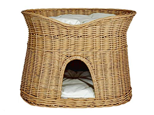 Katzenkorb zum Schlafen – Katzenhütte Indoor – Größe L: 60 cm oval – Katzenhöhle aus Weide – Zweistöckiger Hunde – oder Katzenbett mit waschbaren Kissen in Ecru – Natürliche Korbfarbe von Damian-Wiklina
