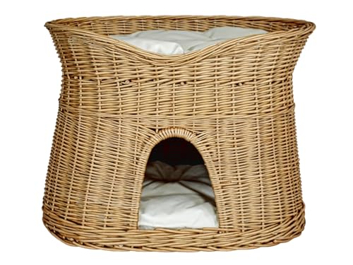 Damian-Wiklina Katzenkorb zum Schlafen – Katzenhütte Indoor – Größe XL: 70 cm oval – Katzenhöhle aus Weide – Zweistöckiger Hunde – oder Katzenbett mit waschbaren Kissen in Ecru – Natürliche Korbfarbe von Damian-Wiklina