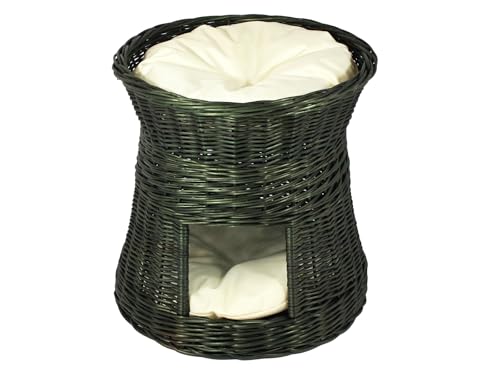 Katzenkorb zum Schlafen – Katzenhütte Indoor - Durchmesser: 50 cm rund – Katzenhöhle aus Weide – Zweistöckiger Hunde – oder Katzenbett – Schwarze Farbe – Mit beige Kissen von Damian-Wiklina