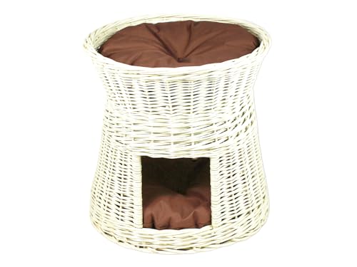 Damian-Wiklina Katzenkorb zum Schlafen – Katzenhütte Indoor – Größe: 50 cm rund – Katzenhöhle aus Weide – Zweistöckiges Katzen oder Hundebett in Weiß – Braune Kissen von Damian-Wiklina