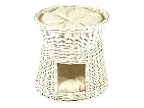 Katzenkorb zum Schlafen – Katzenhütte Indoor – Größe: 50 cm rund – Katzenhöhle aus Weide – Zweistöckiges Katzen oder Hundebett in Weiß – Kissen Ecru von Damian-Wiklina