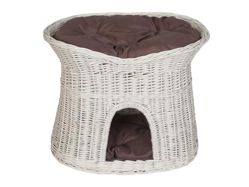 Damian-Wiklina Katzenkorb zum Schlafen – Katzenhütte Indoor – Größe L: 60 cm oval – Katzenhöhle aus Weide – Zweistöckiger Hunde – oder Katzenbett mit waschbaren Kissen in Brown – Weiße korbfarbe von Damian-Wiklina