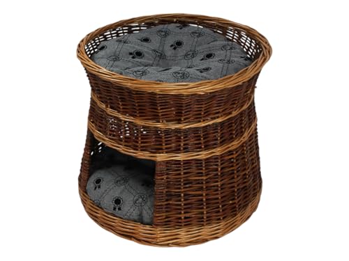 Katzenkorb zum Schlafen – Katzenhütte Indoor - Durchmesser: 50 cm rund – Katzenhöhle aus Weide – Zweistöckiger Hunde – oder Katzenbett – Korb Farbe lackiert Weide (Mit Kissen Hellgrau) von Damian-Wiklina
