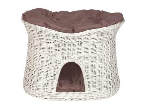Katzenkorb zum Schlafen – Katzenhütte Indoor – Größe XL: 70 cm oval – Katzenhöhle aus Weide – Zweistöckiger Hunde – oder Katzenbett mit waschbaren Kissen in Brown – Weiße korbfarbe von Damian-Wiklina