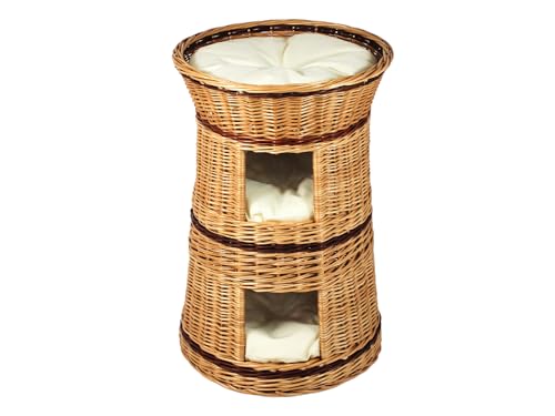 Katzenkorb zum Schlafen – Katzenhütte Indoor – Größe: 50 cm rund – Katzenhöhle aus Weide – Dreistufiges Bett für Hunde oder Katzen – Natürliche Korbfarbe – Ecru Kissen von Damian-Wiklina