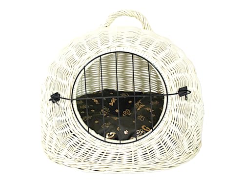 Weidenkorb Korbhöhle mit Gitter und Tragegriff – Abmessungen 50x40x45 cm – Transporthöhle – Weiße Farbe – Hersteller – Transporter mit braunem und goldenem Kissen von Damian-Wiklina