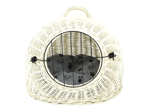 Weidenkorb Korbhöhle mit Gitter und Tragegriff – Abmessungen 50x40x45 cm – Transporthöhle – Weiße Farbe – Hersteller – Transporter mit hellgrauen Kissen von Damian-Wiklina