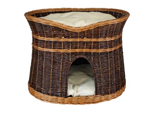 Katzenkorb zum Schlafen – Katzenhütte indoor – Größe XL: 70 cm oval – Katzenhöhle aus Weide – Zweistöckiger Hunde – oder Katzenbett mit waschbaren Kissen in Ecru – Korb Farbe lackiert Weide von Damian-Wiklina