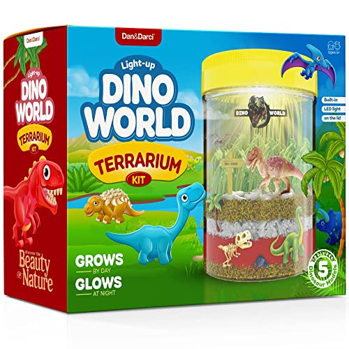 Dan&Darci Beleuchtetes Dino Welt Terrarium-Set für Kinder mit LED-Licht auf dem Deckel - Gestalten Sie Ihren eigenen Mini-Dinosauriergarten in einem Gefäß von Dan&Darci