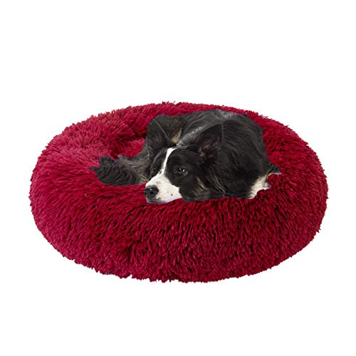 Luxuriöses flauschiges extra großes Hundebett, Sofa, beruhigendes Plüsch, Donut-Haustierbett, waschbar, rundes Hundekissen, Kissen für große, mittelgroße Hunde, 100 cm, rot von DanChen