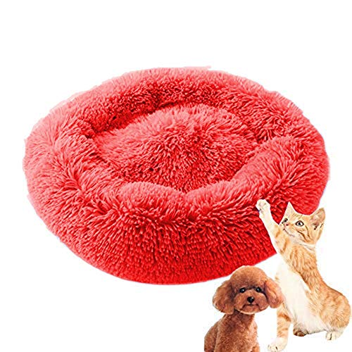 Weiches Haustierbett für Katzen und Hunde, Haustier-Welpen-Kuscheltier Rundes Kissen Nest, Tier Beruhigendes Schlafbett, warmes Plüsch-Pad Matte mit rutschfester Unterseite, XXL-Rot von DanChen