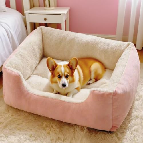 Danchen Hundebett, Größe M, atmungsaktiv, Anti-Angstzustände, mit rutschfester Unterseite, weicher Plüsch, für Welpen, Katzen, Schlafzimmer, Couchkissen, erhöhte Seiten für große Haustiere (Rosa, 80 x von Danchen