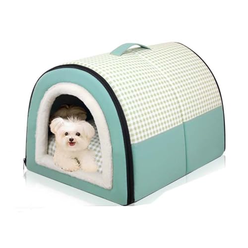 Danchen Hundehütte, 2-in-1, geschlossen, warm, schlafend, Katzenhöhle, Hundenest mit abnehmbarem Kissen, faltbar, warmes Igluhaus für kleine, mittelgroße und große Hunde (45 x 32 x 35 cm, Grün) von Danchen