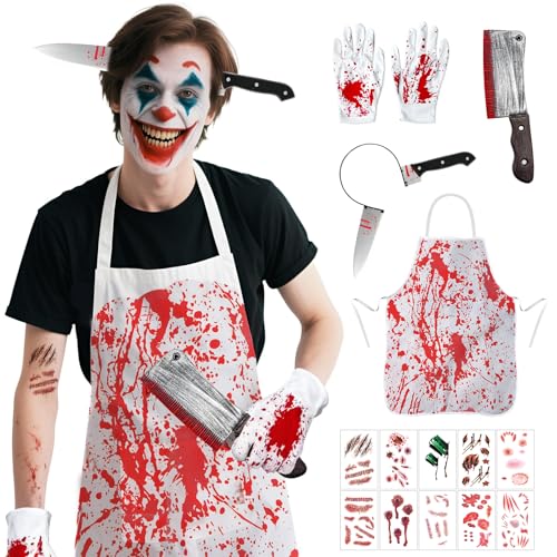 Dandin Halloween Schlachter, Halloween Kostüm Metzger, Blutige Schürze, Handschuhe, Stirnbänder, Kochmesser, realistisches Tattoo-Aufkleber-Outfit, Costume for Adult von Dandin