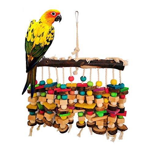 Danigrefinb Papageienspielzeug, großer mittelgroßer Papageien-Baustein aus Holz, mit Ständer, Sitzstange, Vogelseil, Haustierspielzeug – zufällige Farbe von Danigrefinb