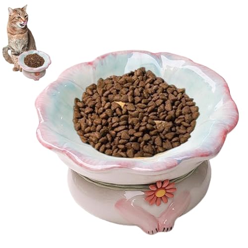 Dankek Erhöhte Futternäpfe für Katzen,Erhöhte Katzennäpfe aus Keramik - Keramik-Katzenfutter- und Wassernapf in Blumenform,Gekippter Futternapf für Haustiere, gesunde Ernährung für Katzen mit flachem von Dankek