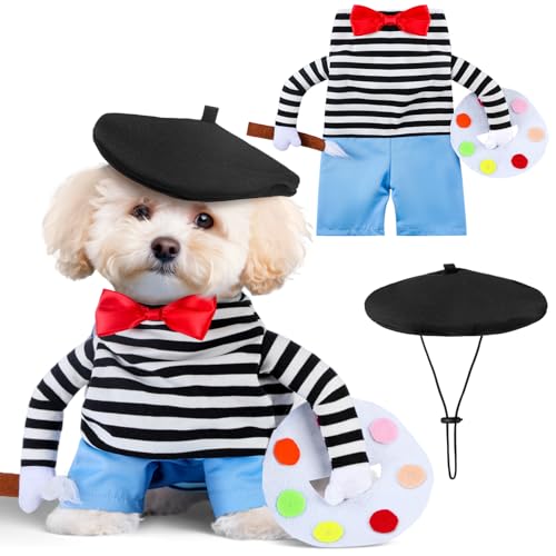Dansydaisy Halloween-Künstler-Hundekostüm mit lustigem Hut, Maler, Haustierkleidung, französischer Künstler, Hundekostüm, T-Shirt, Jeans, Beanie, Baskenmütze für Halloween, Cosplay, Geburtstagsparty, Dansydaisy Halloween-Künstler-Hundekostüm mit lustigem Hut, Maler, Haustierkleidung, französischer Künstler, Hundekostüm, T-Shirt, Jeans, Beanie, Baskenmütze für Halloween, Cosplay, Geburtstagsparty, von Dansydaisy