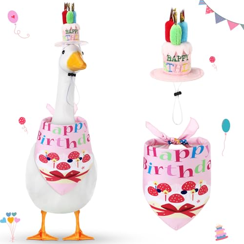 Dansydaisy Happy Birthday Gans Outfit Veranda Gans Outfits mit Happy Birthday Kuchenhut und Bandana, Hof, Gänse Outfits für 58,4 cm / 43,2 cm Zement-Kunststoff-Gänseenten-Dekorationen (Stil 2, Rosa) von Dansydaisy