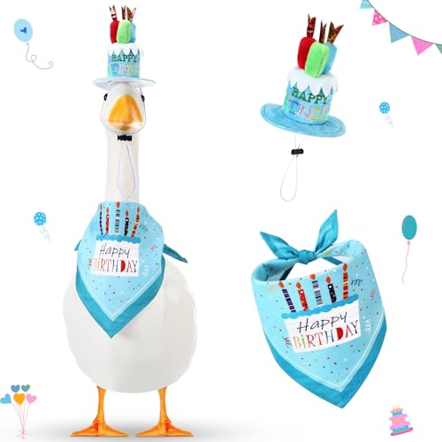 Dansydaisy Happy Birthday Gans Outfit Veranda Gans Outfits mit Happy Birthday Kuchenhut und Bandana, Hof, Gänse Outfits für 58,4 cm / 43,2 cm Zement-Kunststoff-Gänseenten-Dekorationen (Stil 2, Blau) von Dansydaisy